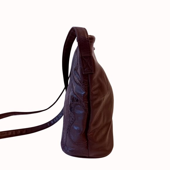 Patchwork Crossbody Bucket Bag Vintage 80s Brown Retro Hobo Purse Exotic Fashion - Picture 6 of 15